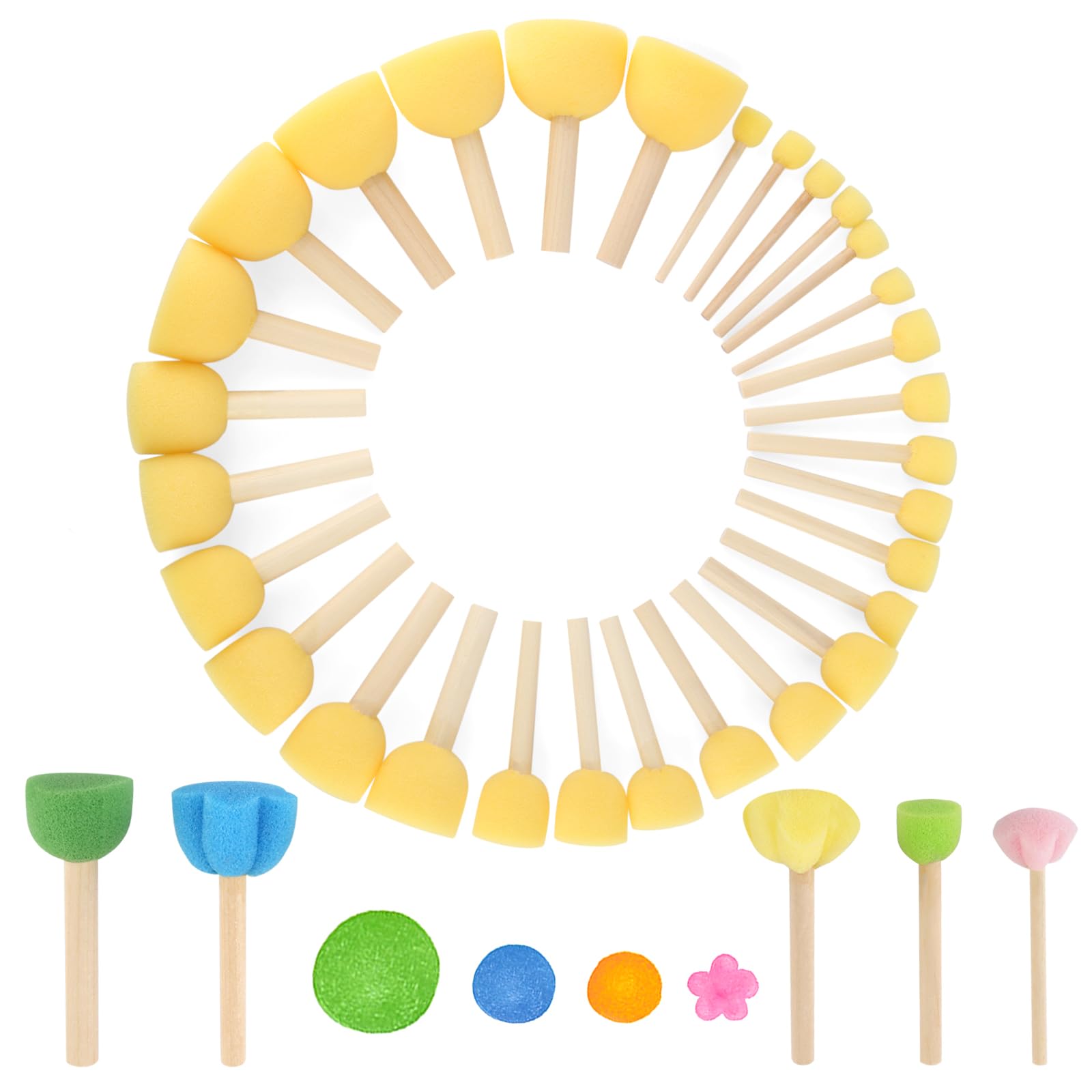 30 Piece Sponge Brush Children's Set (with 5 Pieces Flower Mushroom Sticks), Wooden Handle Round Painting Sponge, Mushroom Shaped Sponge Brush Painting for Children DIY Painting, Graffiti, Ceramic