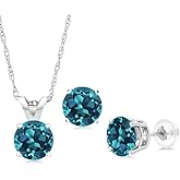 Gem Stone King 14K White Gold London Blue Topaz Pendant Earrings Jewelry Set For Women | 1.50 Cttw | Gemstone November Birthstone | Round 5MM | with 18 Inch Chain