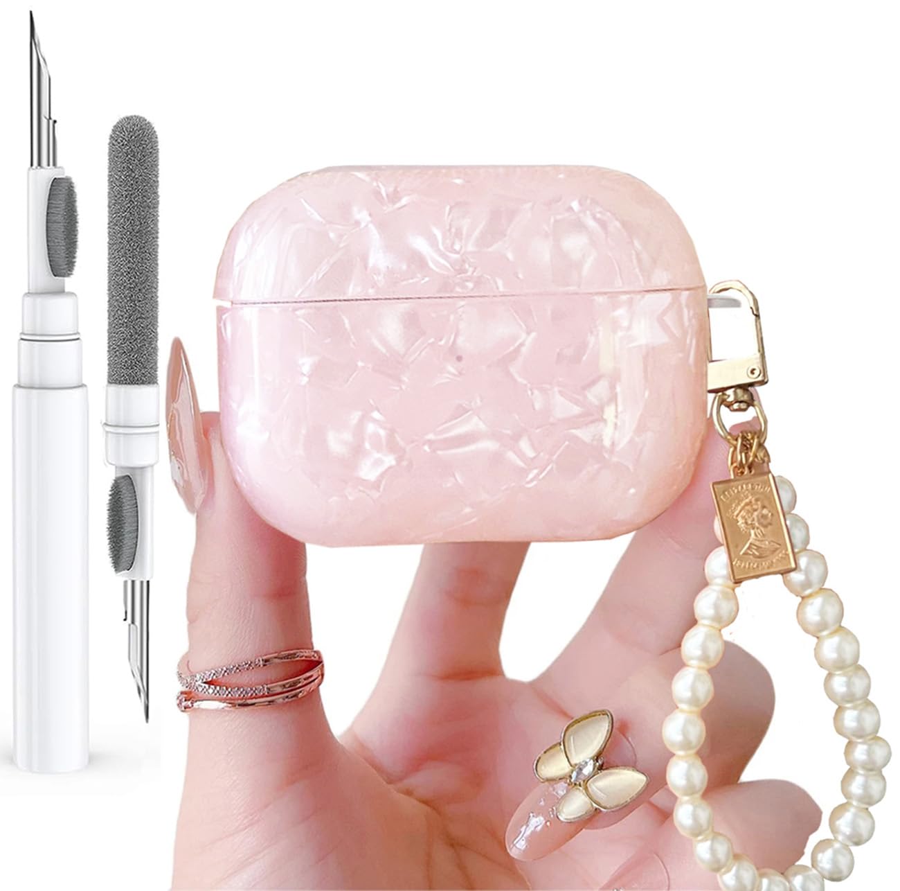 Photo 1 of *** MISSING TOP PIECE*** Olytop for Cute Glitter Airpods Pro 3 Case 2025 with Cleaner Pen, Shell Pattern Apple Airpod iPod Pro 3rd Generation Cover Protective Skin Girl Women with Luxury Pearl Keychain, Pink