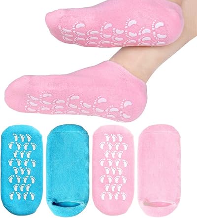 kuou 2 Pairs Soft Moisturizing Socks Gel Lining with Oils & Vitamin E Blue Pink