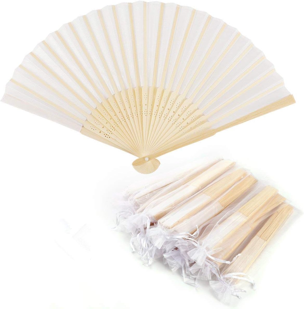 Dproptel Hand Fan Pocket Silk Folded Fan Bamboo Hand Held Fan Organza Gift Bag Wedding Decoration,Party Favors, Church Gift 10 White