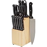 Amazon Basics 14-Piece Kitchen Knife Set with High-Carbon Stainless-Steel Blades and Pine Wood Block, Black