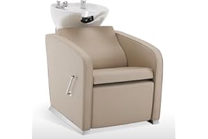 BarberPub Backwash Shampoo Station Chair, Adjustable Porcelain Ceramic Hair Wash Bowl Sink Unit Station, Reclining Shampoo Station Chair for Spa Beauty Salon Hair Salon Equipment 9303 (Beige)