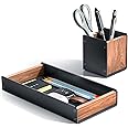SHUOSUO Walnut Wood Desk Tray with Pen Holder Set, Natural Wooden & Aluminium Desk Office Draw Organizer Tray for Keys, Pen, 