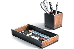 SHUOSUO Walnut Wood Desk Tray with Pen Holder Set, Natural Wooden & Aluminium Desk Office Draw Organizer Tray for Keys, Pen, 