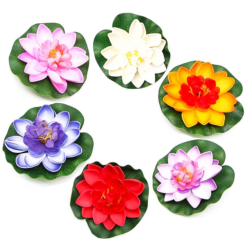 FANDE Artificial Floating Foam Lotus Flowers, 6 Pcs Floating Pond Decor Water Lily, Artificial Floating Pond Plants Decor, for Garden Pond Fountain Aquariums Decoration