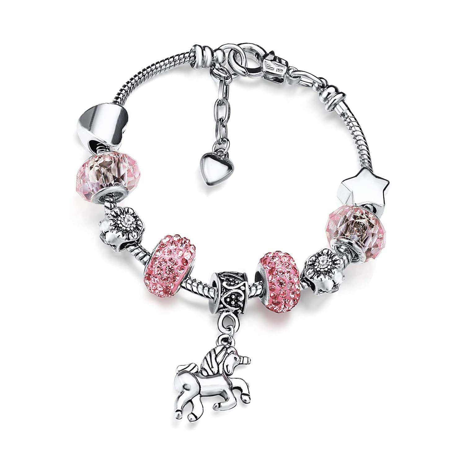 Deolven Unicorn Girls Bracelets, Girls Magical Sparkly Pink Crystal Charm Bracelet for Kids Birthday Gifts Children Jewellery Presents Ancient Silver and Rhinestones 6-12 Years Old, Pink 16cm