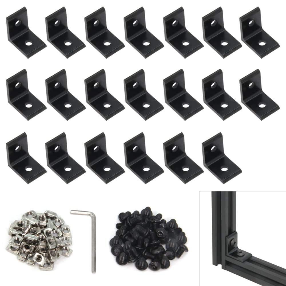 Yeebyee Inside Corner Bracket Gusset 2 Hole with M5 Screws and T-Nuts, 25mm x 25mm for 6mm Slot 2020 Series Aluminum Extrusion Profile,20pcs/Pack (2020 Series-Black)