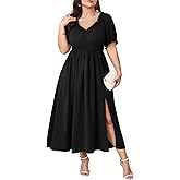 SCOMCHIC Women's Plus Size Wedding Guest Dresses Cocktail Formal Summer V Neck Puff Short Sleeve Slit A Line Maxi Dress