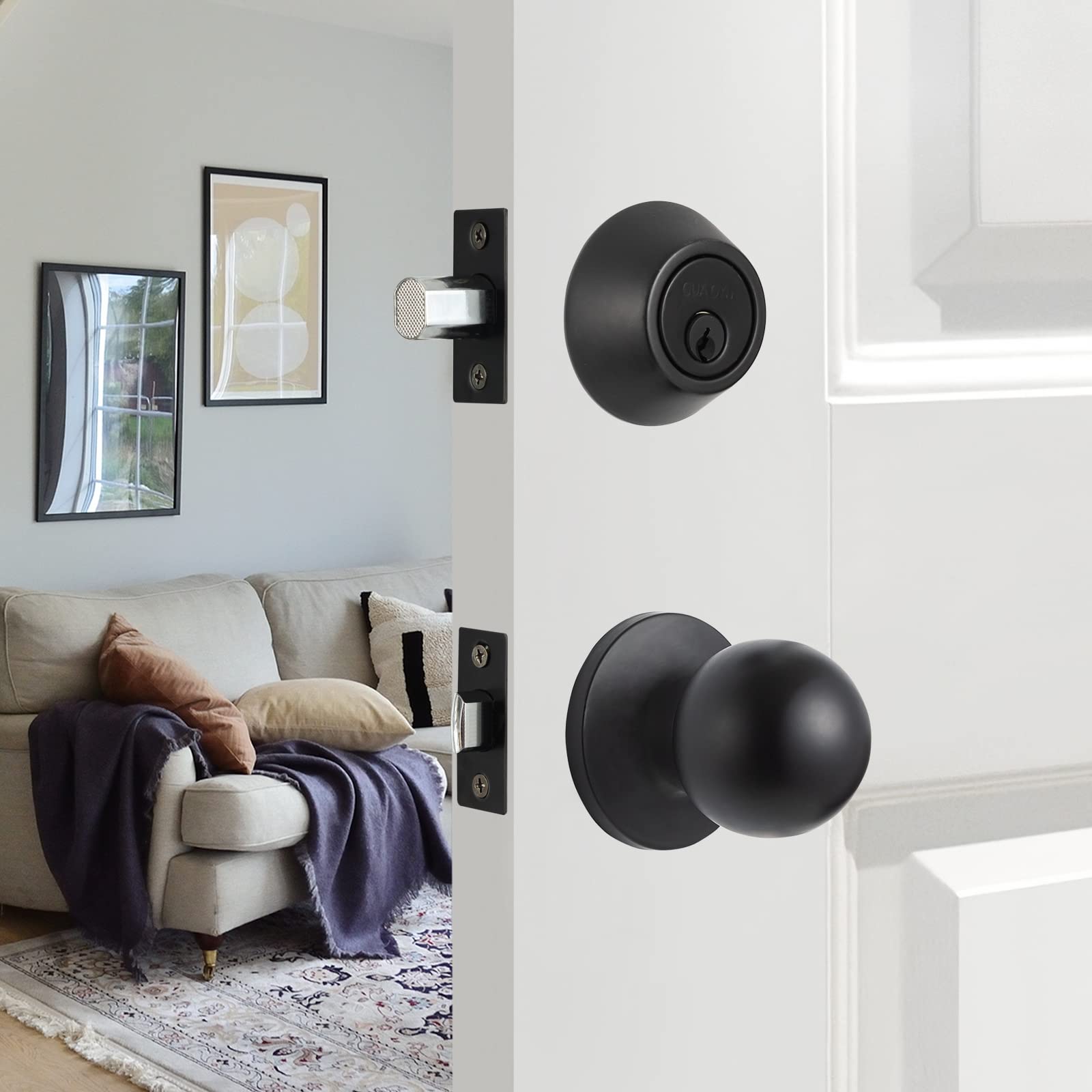 GUA OYH Front Door Lock Set - Matte Black Entry Handle with Single Cylinder Deadbolt and Ball Knob - Heavy Duty Handleset for Front or Office Door - MB LocksetPS