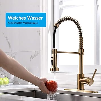 TIMACO Gebürstetes Gold Küchenarmatur mit 360° Drehbar, mit Pull-Down