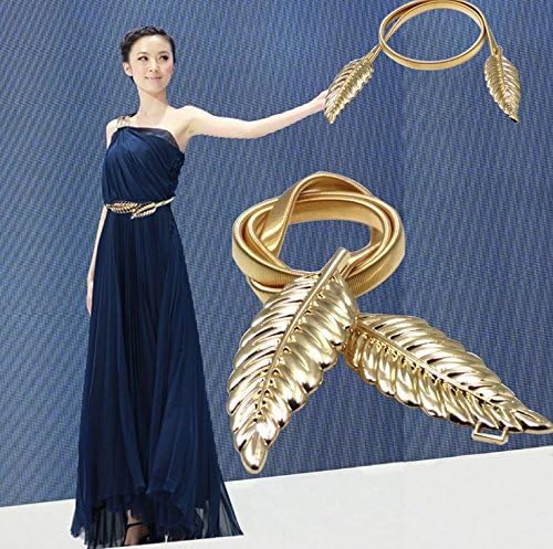 Women Fashion Metal Gold Silver Chain Leaf Elastic Stretch Waist Belt Waistband