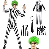 Mltao Black White Vertical Striped Suit 4pcs Set Jacket Pants Tie Wig Adult Teens Costume Halloween Party Dress Up Outfit