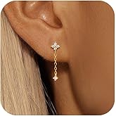 XAYAH 925 Sterling Silver CZ Lucky Leaf Flower Chain Earrings for Women Dainty Dangle Drop Pendant Earrings Hoop to Daughter Mom 14K Gold Plated Threader Bride Jewelry Halloween Wedding Season Gift