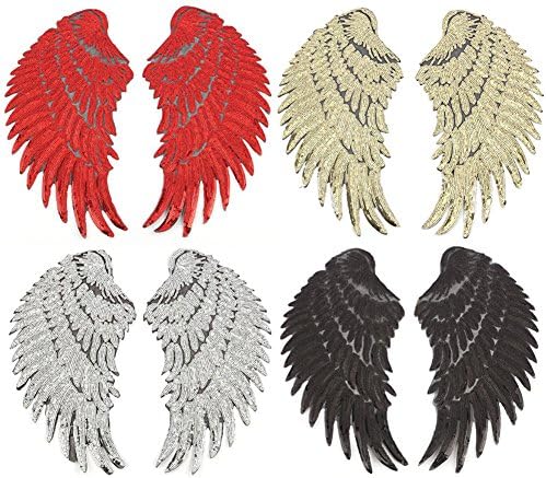 4 Pairs Gold & Silver & Black & Red Sequins Angel Wings DIY Embroidered Iron-on Patch Applique for Cloth Decoration Valentine's Day Gifts (Gold & Silver & Black & Red)