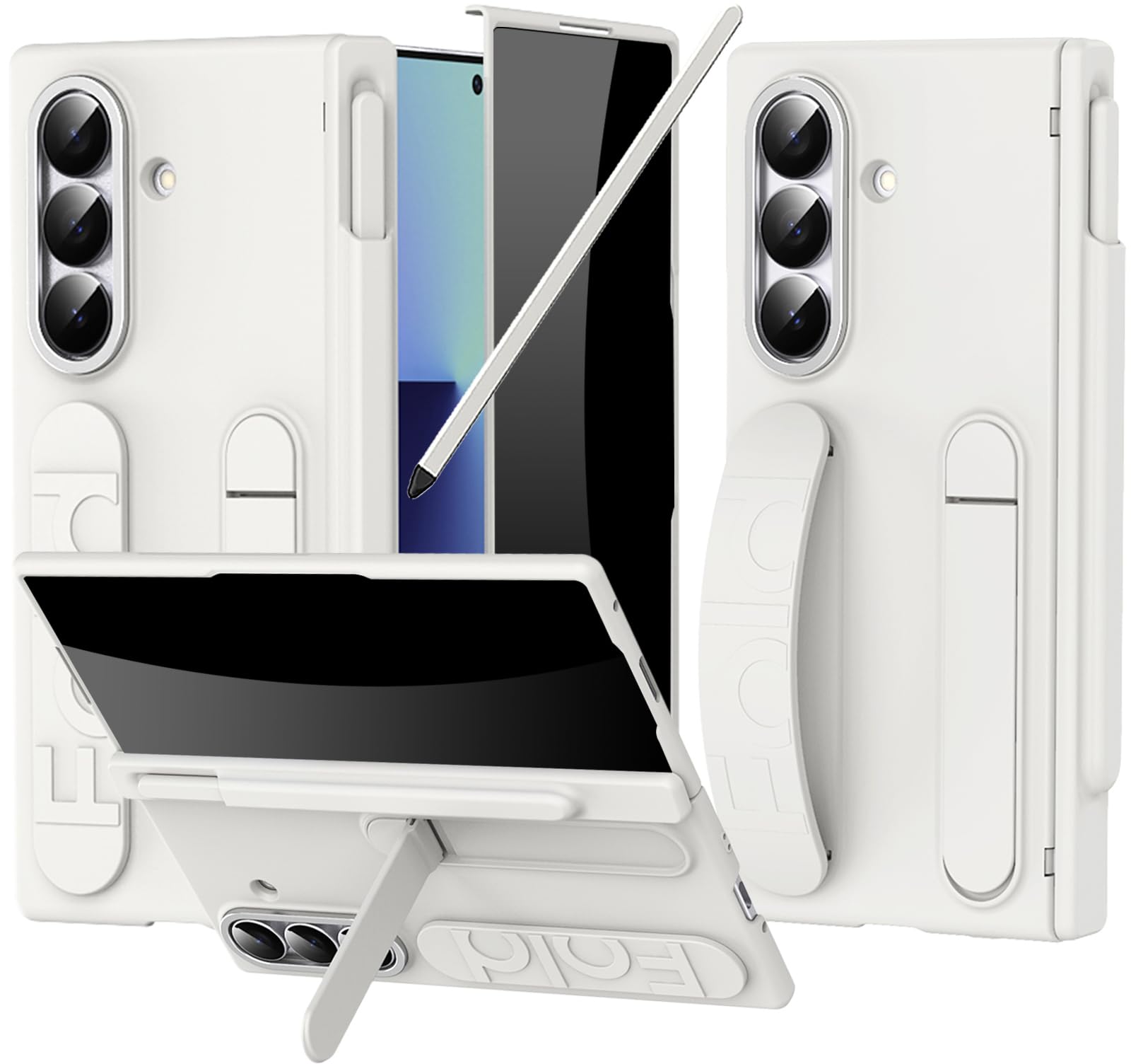 Photo 1 of YQODSZ Finger Strap for Samsung Galaxy Z Fold 7 Case with S Pen Holder & Stylus, Z Fold 7 Hand Strap Case Built in Privacy Screen Protector Kickstand Hinge Cover Wristband Cover for Z Fold 7 White