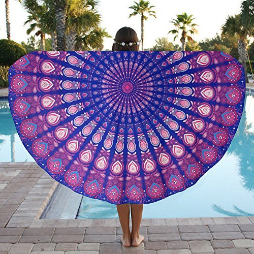FUNCYboo Round Beach Towel Large Lightweight THIN Indian Mandala Beach Throw Blanket Sunscreen Shawl&Picnic Mat&Yoga Mat&Retro Tapestry&Round Tablecloth,Polyester 59inch across(purple peacok)