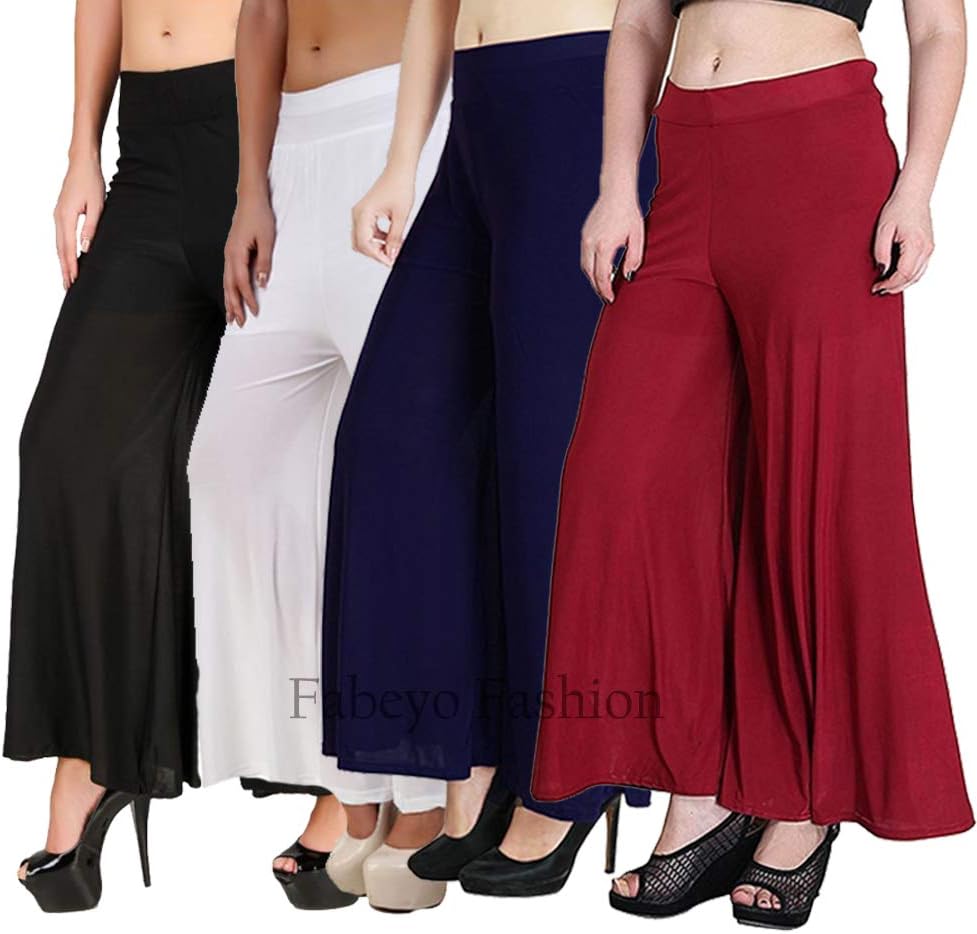 Fabeyo Flared Lycra Palazzo Pants for Womens/Girls Free Size (Pack of 4)_Black,White,Meroon,Navy Blue