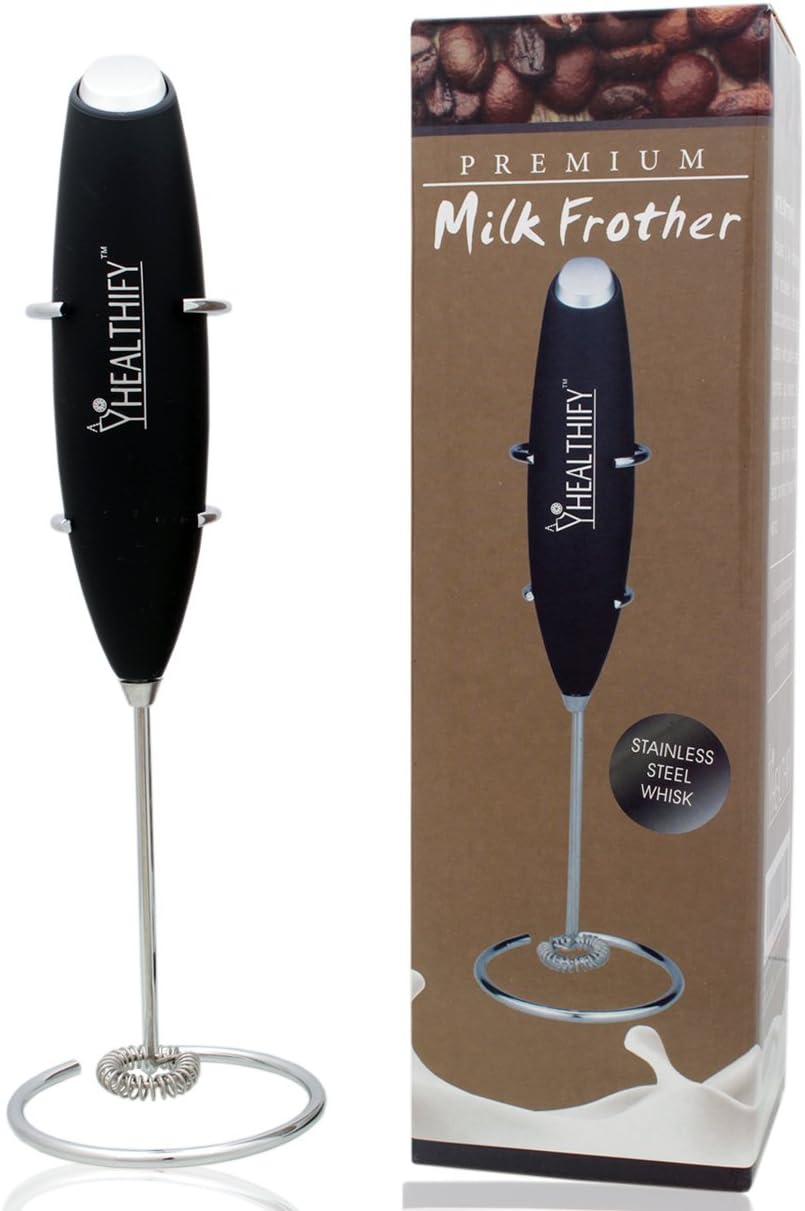 Healthify Milk Frother Handheld Battery Operated Electric Foam Maker for Coffee, Latte, Cappuccino, Hot Chocolate, Durable Drink Mixer with Stainless Steel Whisk, Stainless Steel Stand Include