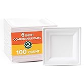 ECO SOUL 6 Inch Compostable Disposable Paper Plates [100 Pack] Food Safe 100% Virgin Bagasse Pulp Heavy Duty Microwave Safe Small Square Dessert Appetizer Plate for Party, Picnic & BBQ (White)