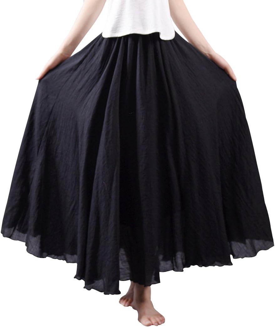 KafeimaliWomen Bohemian Cotton Linen Double Layer Elastic Waist Long Maxi Skirt