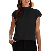 Funlingo Womens Summer Tops Mock Neck Short Cap Sleeve Blouses Business Casual Work Chiffon Shirts Front Pleated Tunic Top
