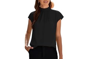 Funlingo Womens Summer Tops Mock Neck Short Cap Sleeve Blouses Business Casual Work Chiffon Shirts Front Pleated Tunic Top