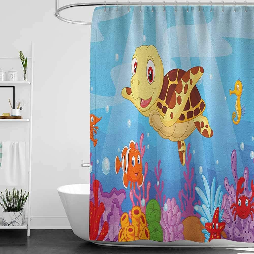 hengshu Turtle 3D Printed Shower Curtain Funny Adorable Cartoon Style Underwater Sea Animals Baby Turtle and Fish Collection Hotel Quality Machine Washable W108 x L72 Inch Multicolor
