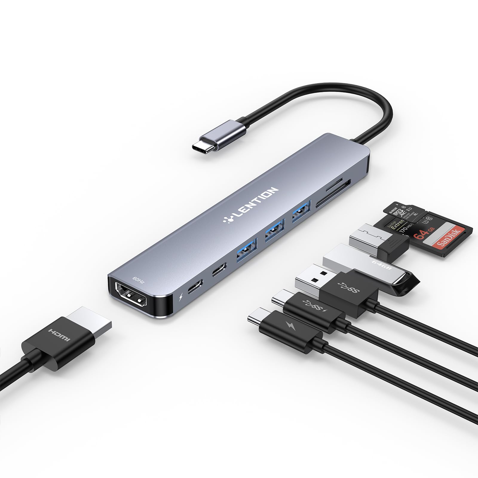 LENTION USB C Hub mit 4K60Hz HDMI, 100W PD, SD/TF Kartenleser, Typ-C Datei, USB 3,0 Adapter auf USB-C, für 2025-2016 MacBook Pro, Neues Mac Air, iPhone 17/16/15 Plus Pro Max, Thunderbolt 3/4 9