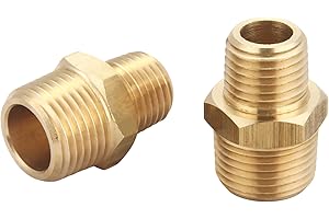 T TANYA HARDWARE 3/8 Inch NPT Male x 1/4 Inch NPT Male Solid Brass Reducing Hex Nipples, Brass Pipe Adapter Fittings Reducing Nipples Connector, 0.625" OD × 0.5" OD, (2 Piece)