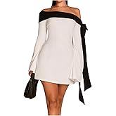 MakeMeChic Women's Off The Shoulder Bell Sleeve Mini Dress Bowknot Cocktail Party Bodycon Dresses