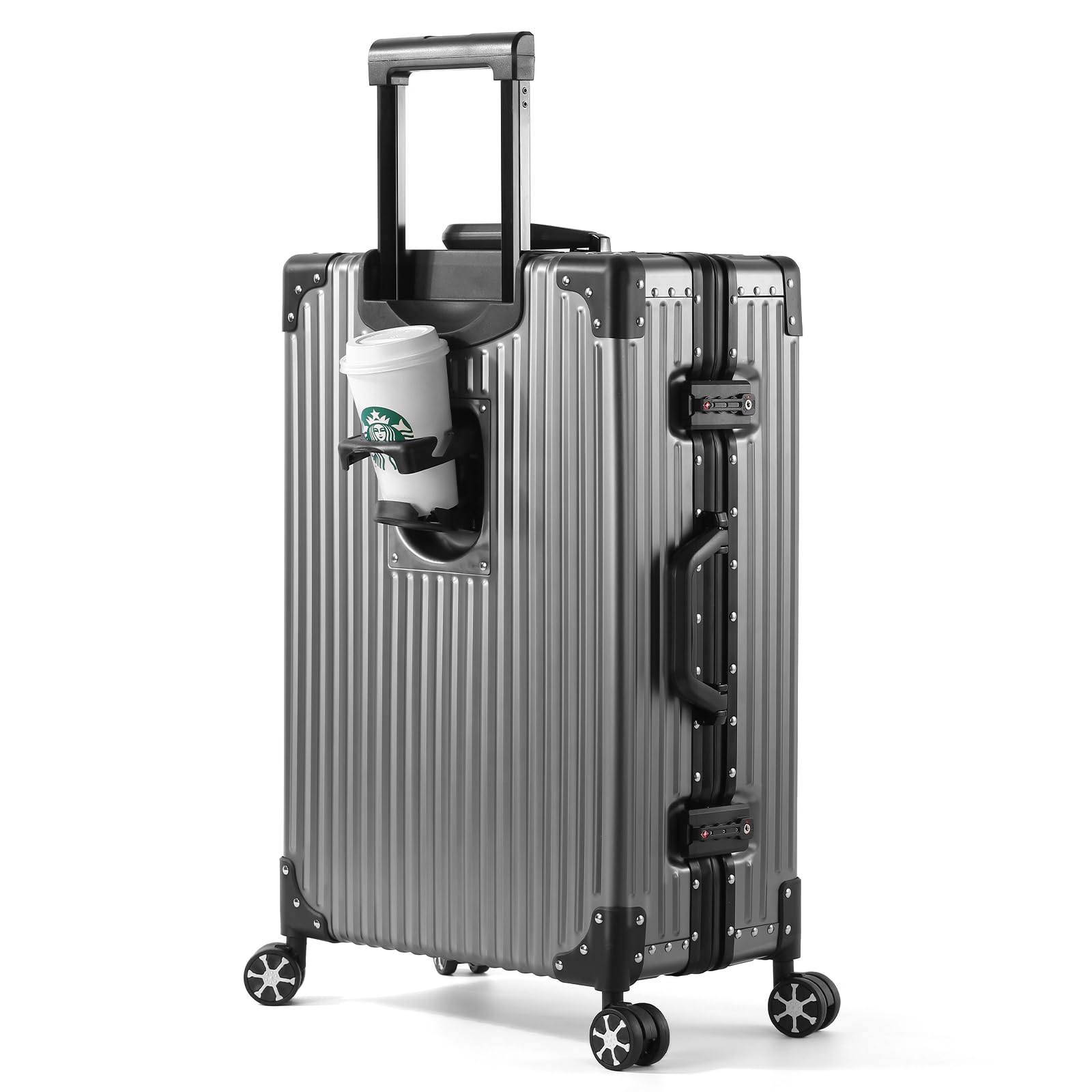 DwanNuts All Aluminum Carry On Luggage with Cup Holder TSA Lock, 22x14x9 Airline Approved Carry-On Hardside Suitcase with Spinner Wheels(20-lnch) (GREY)