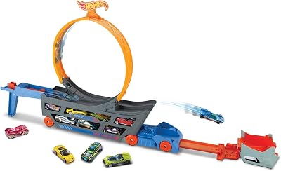 Hot Wheels Transporter Truck Stunt Set 18 Car Capacity Large Loop Launcher GCK38