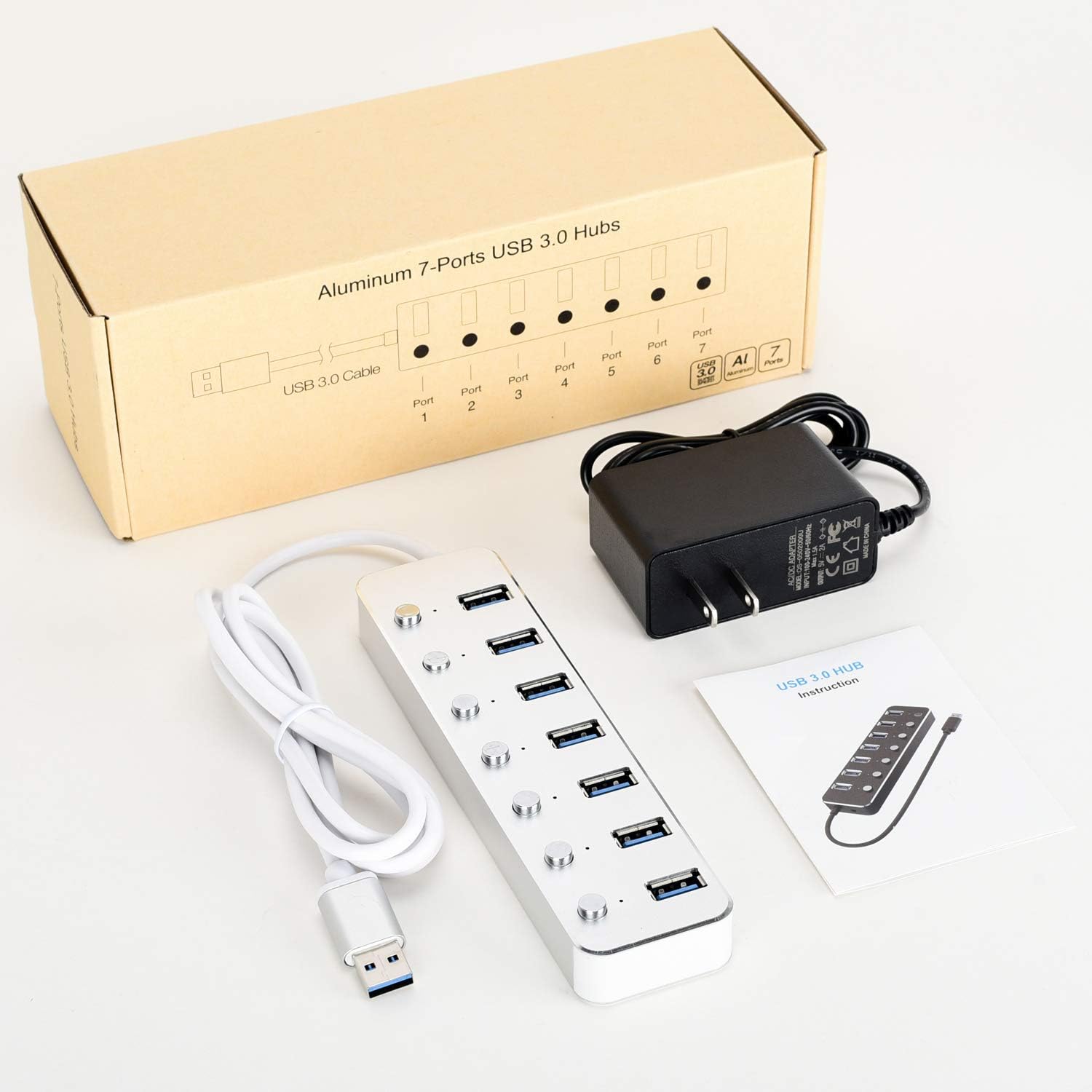 Powered USB 3.0 Hub, Aluminum 7-Port Data Hub Splitter with 5V/2A Power Adapter and USB Cable and Individual Switches for PC Laptop: Computers & Accessories