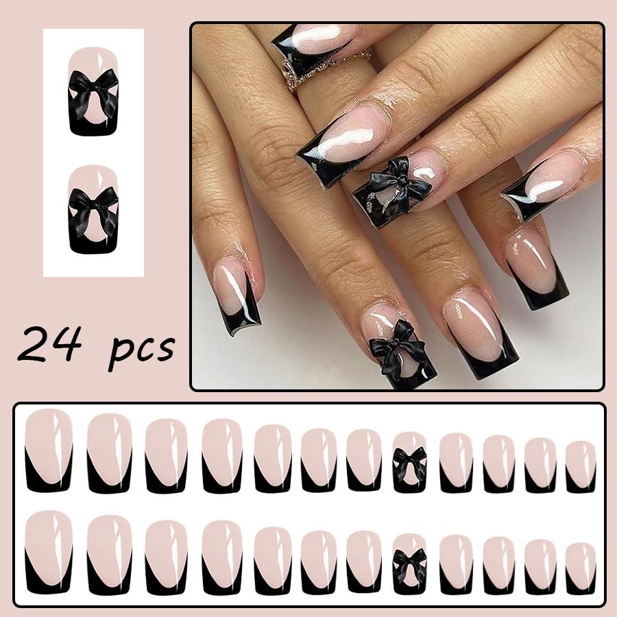 24pcs Black French Tip Press on Nails Medium Square Fake Nails with Design and Black Bow - Glue on Nails Full Cover Glossy False Nails Tips for Women - Image 2