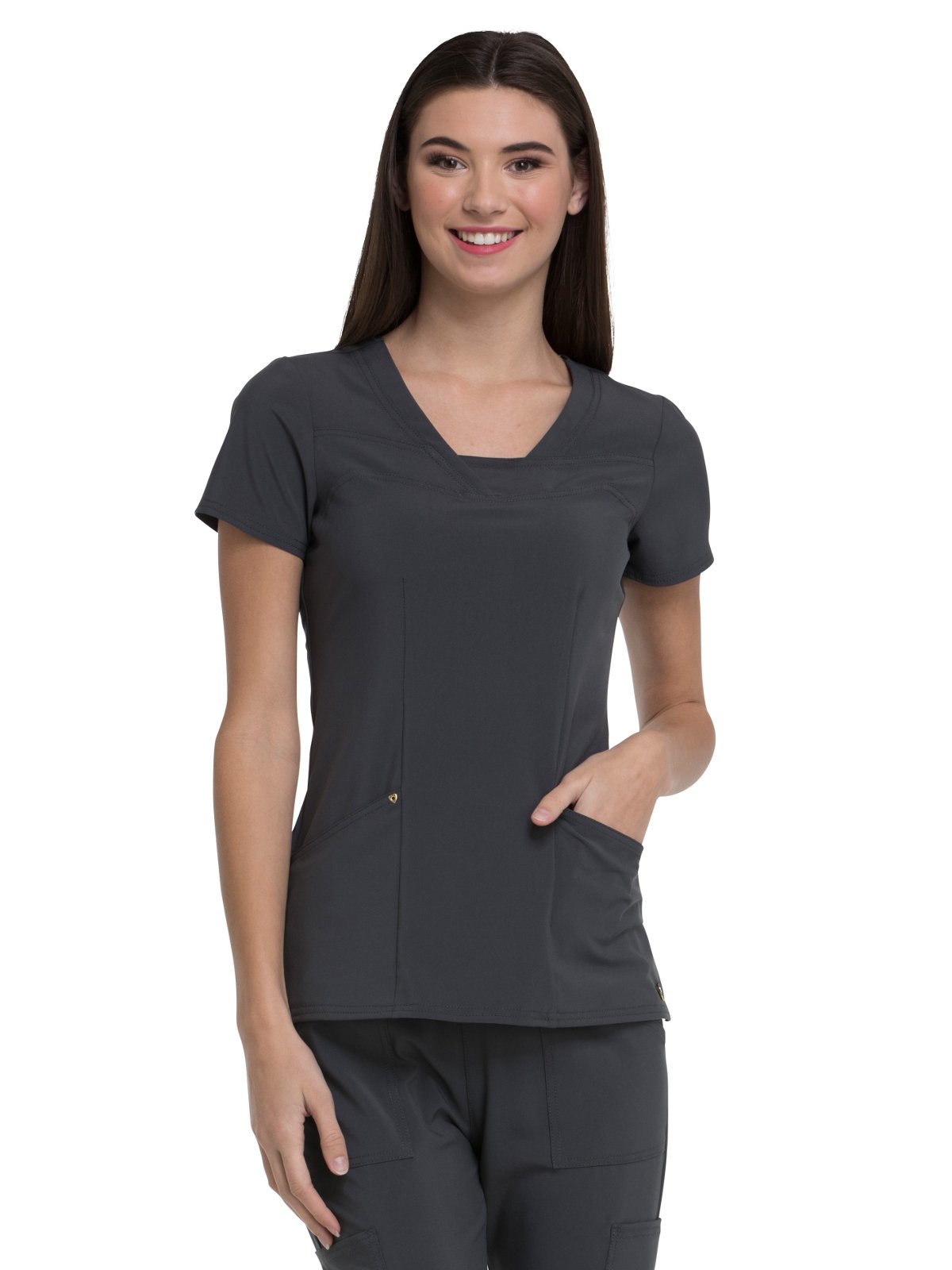Love Always HS665 Women's V-Neck Solid Scrub Top, Pewter, Medium
