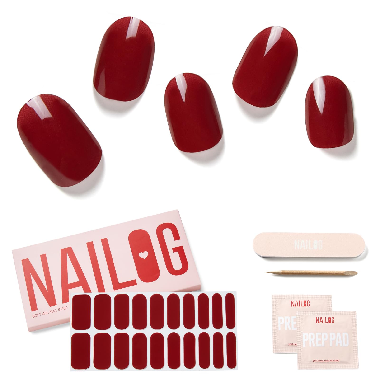 NAILOG Semi Cured Gel Nail Strips, 20 Pieces Extra Long Nail Polish Strips, Long Lasting Semi Cured Gel Nail Stickers with Soft Glossy Finish,Rouge Noir