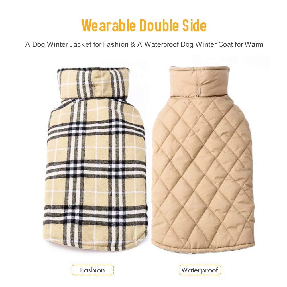 EDUPLINK Waterproof Windproof Dog Vest Winter Coat Warm Dog Apparel Cold Weather Dog Jacket Velcro Design S - XXL Better Fit for Small/Medium/Large Dogs Winter British Style Beige/Green/Red Plaid