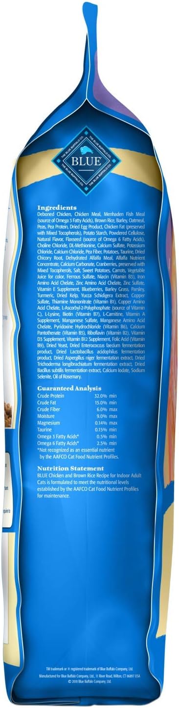 Blue Buffalo Indoor Health Natural Adult Dry Cat Food, Chicken & Brown Rice 15-lb : Dry Pet Food : Pet Supplies