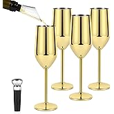 Lifecapido 4 Pack Stainless Steel Champagne Glasses, 8oz Elegant Stainless Steel Champagne Flutes, Stemmed Unbreakable Champagne Glasses for Party Wedding Christmas Anniversary, Gold