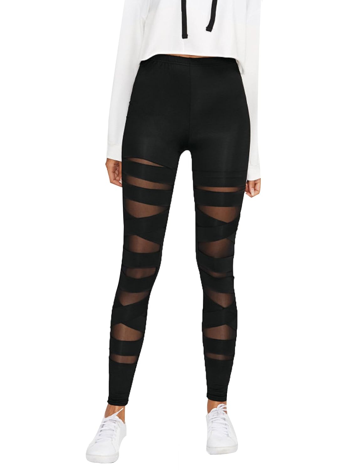 blinkin black criss cross half translucent yoga and gym leggings tights for women | girls