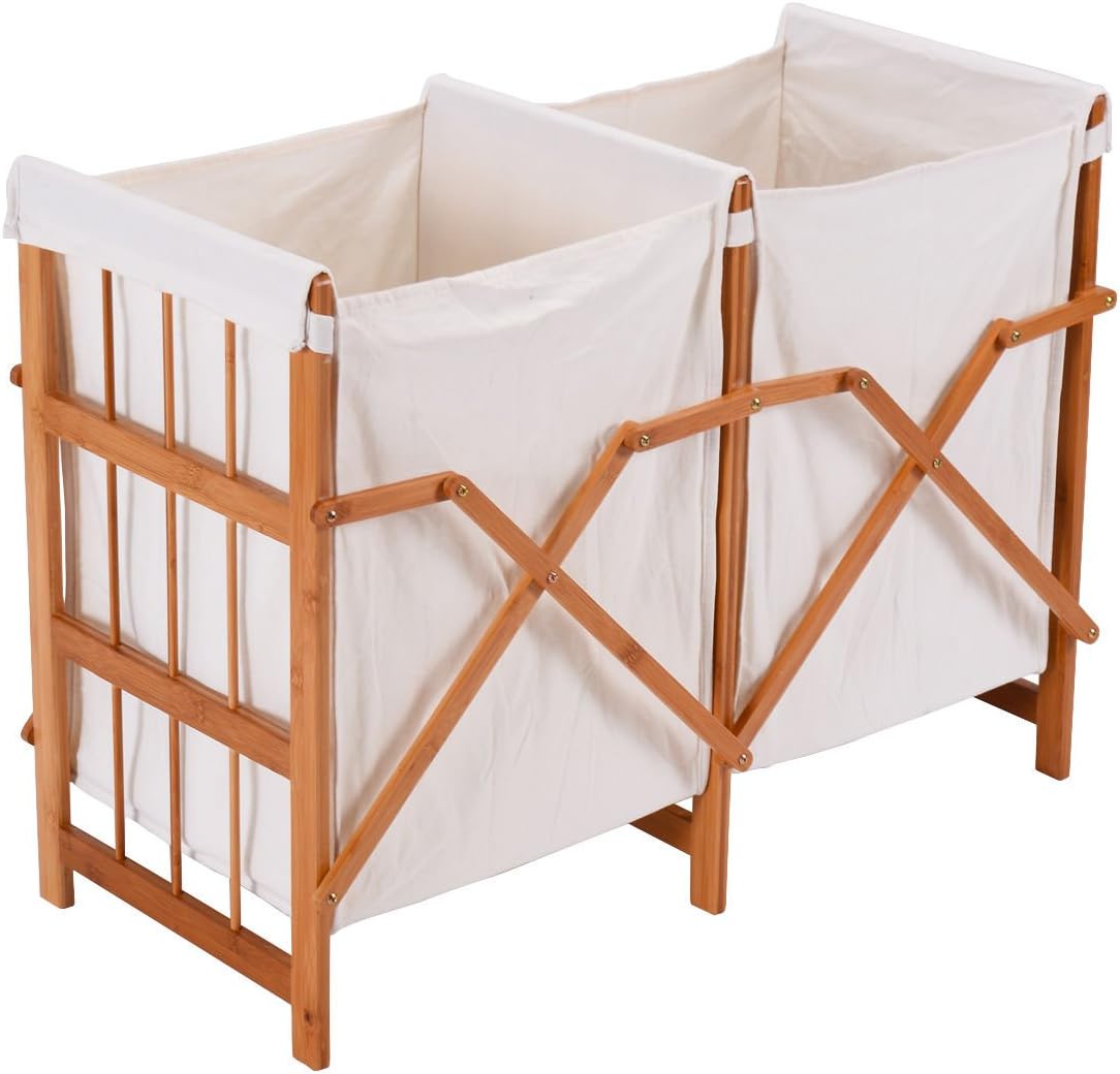 totoshophamper 2 Large Bag Compartments Separate Different Bamboo Laundry Hamper Modern Elegant Design