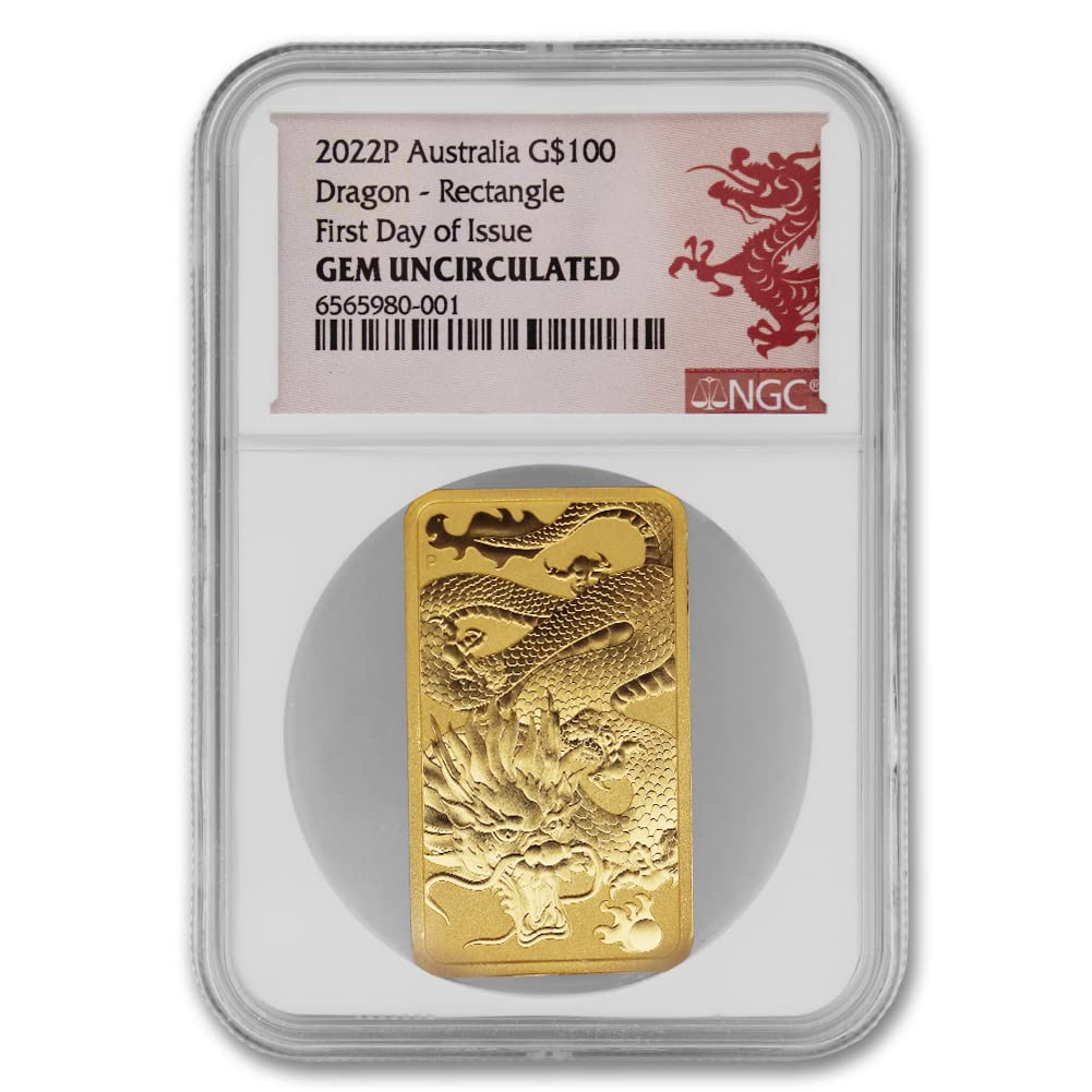 2022 P 1 oz Australian Gold Dragon Bar Gem Uncirculated (GEMUNC - First Day of Issue) 24K $100 NGC Mint State