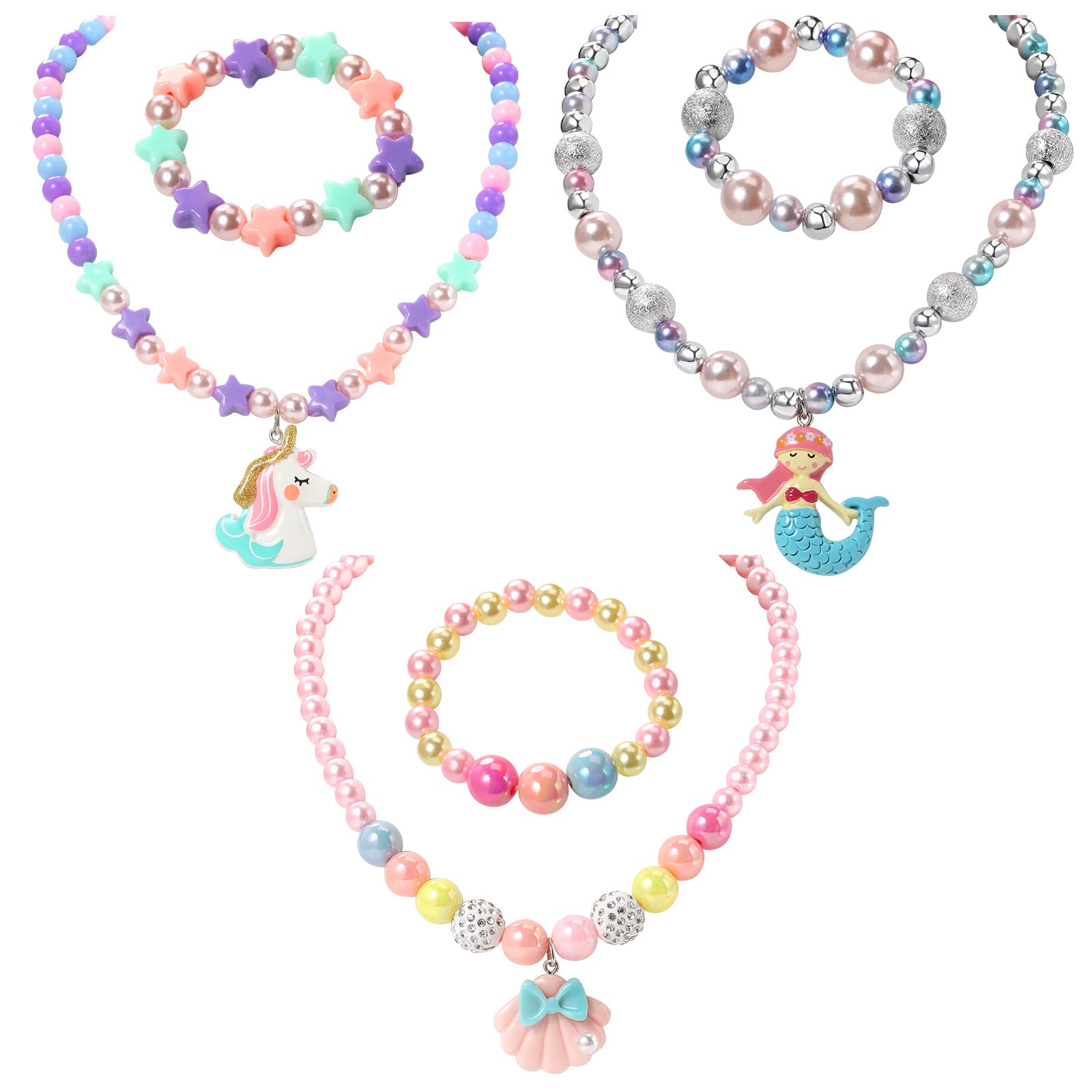 Pinkgarden Kids Beaded Necklace and Bracelet 3 Sets, Mermaid Shell Unicorn Necklace and Bracelet Sets, Birthday Gift Party Favors Bags For Kids Girls