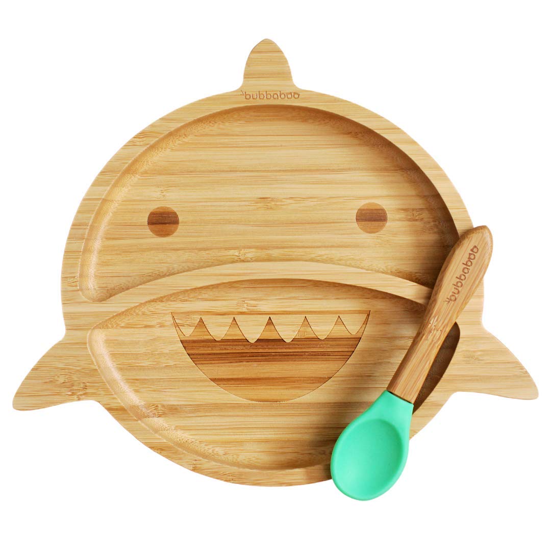 Bubba Boo Bamboo Plate and Spoon Set Baby Suction Plate Shark Design (Green)