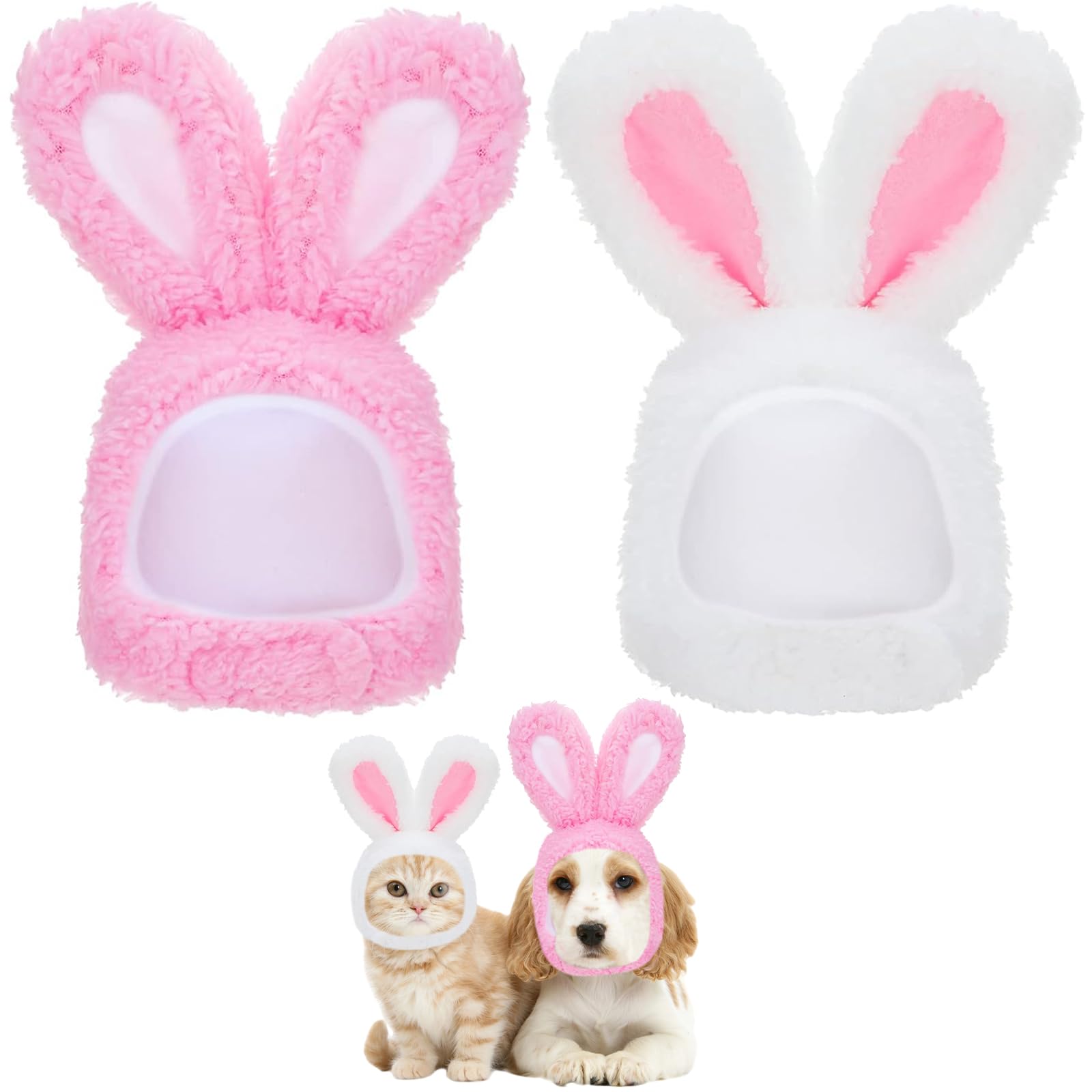 iwobi 2 Pieces Rabbit Ear Cats,Plush Bunny Ears,Headwear Hat,Puppy Rabbit Headband Ear Hats,Pet Cap For Kitten Puppy Party Costume Accessory(White+Pink)