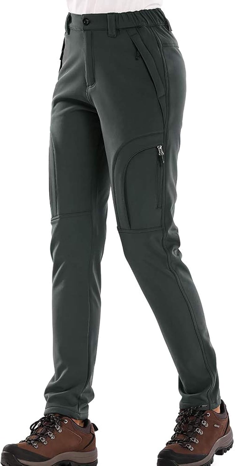Women's Fleece Lined Outdoor Cargo Hiking Pants Water Repellent Softshell Snow Ski Pants with Zipper Pockets: Clothing