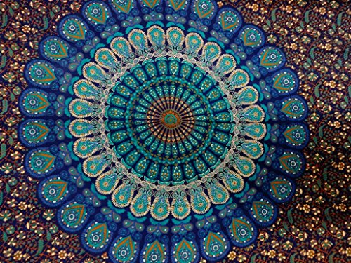 Tapestry Wall Hanging, Mandala Tapestries, Indian Cotton Bedspread, Blue Color Theme, Picnic 