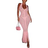 Womens Crochet Bodycon Maxi Dress Sexy Halter Backless Knit Fringe Party Club Long Dress Summer Beach Vacation Cover Up