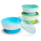 Munchkin Stay Put Suction Baby Bowls with Lids, 3 Pack, Blue/Green